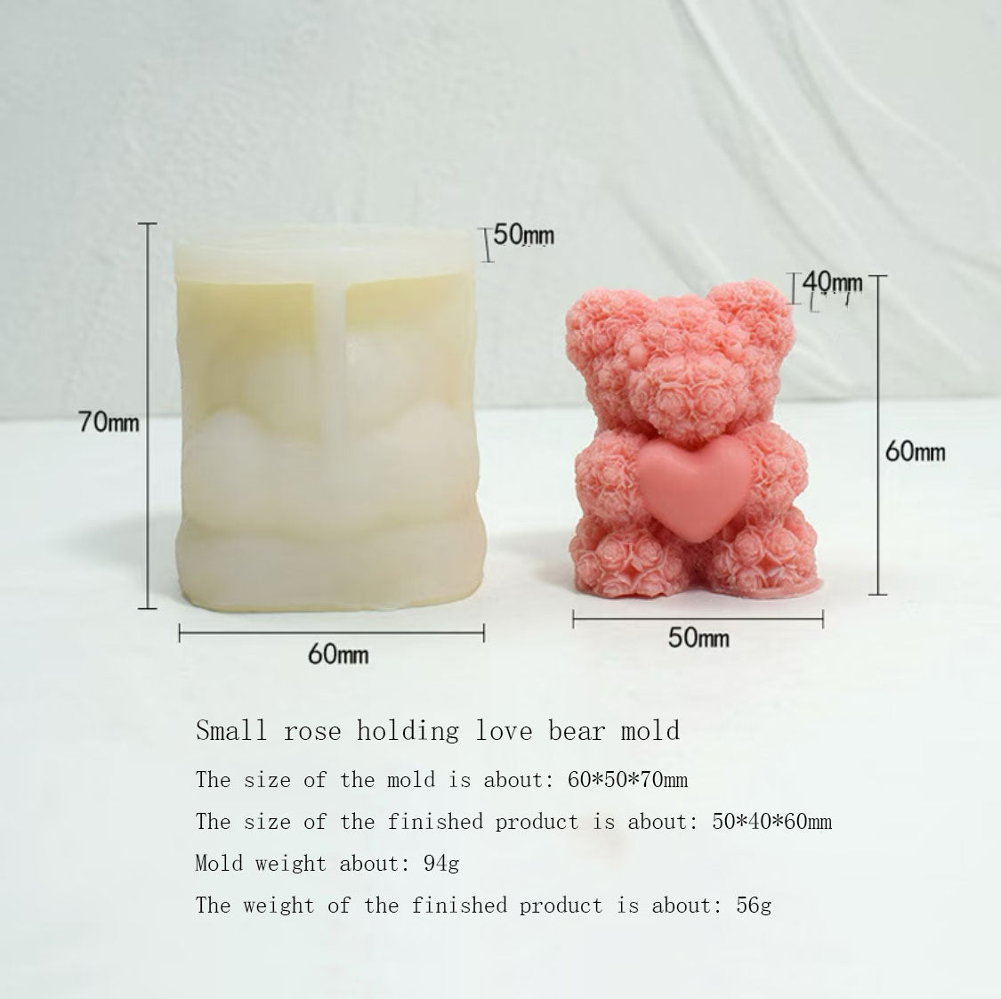 2-Piece Rose Bear Hugging Heart Scented Candle Plaster Decor Mold | Silicone Mold