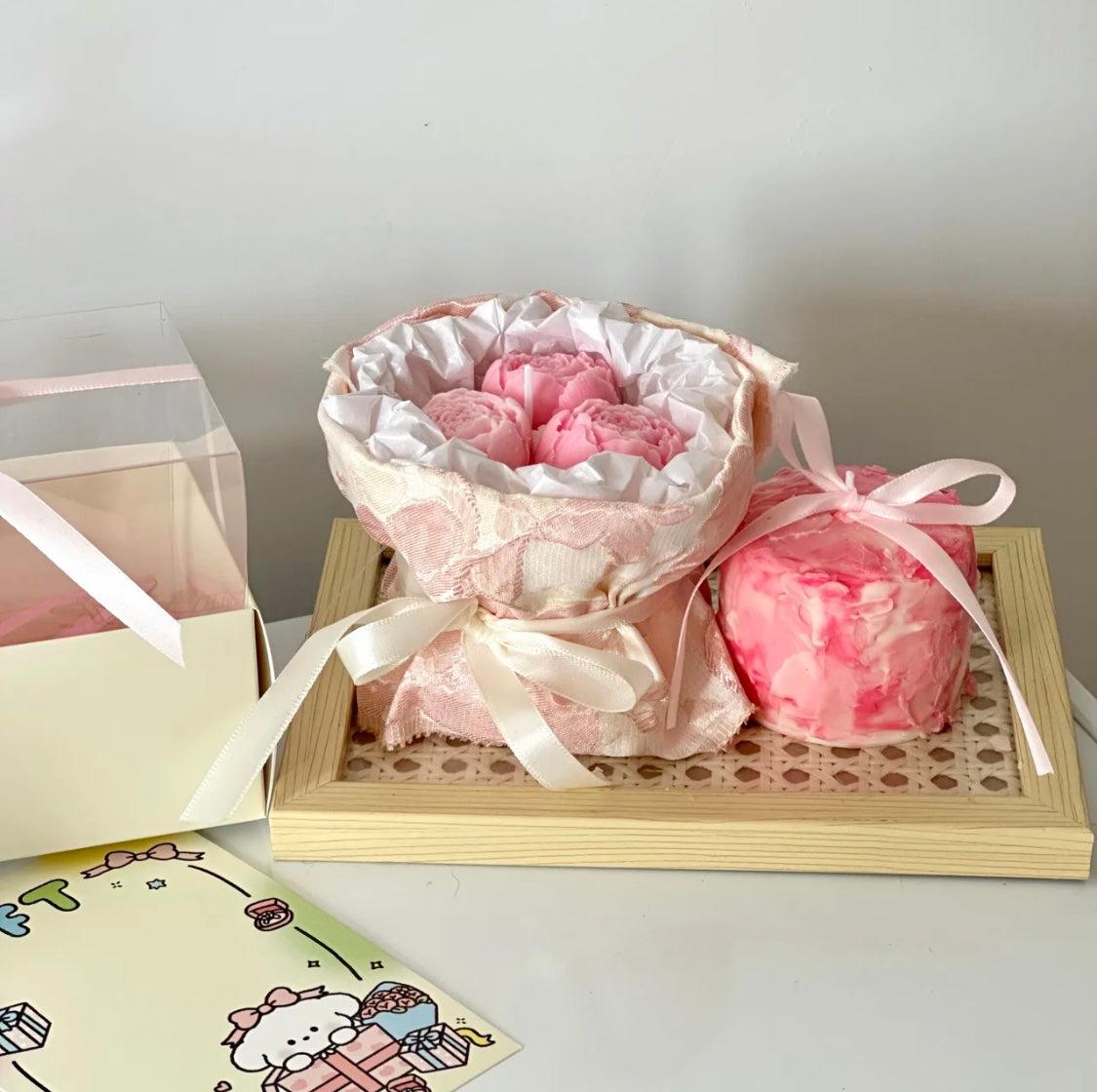 Pink Scented Rose Bouquet with Cake Candle Gift Box - Romantic Gift Set